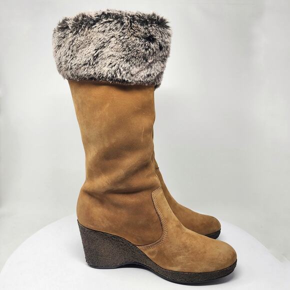 Timberland Monogram Tall Boot Women 8M Tan Wheat Suede Faux Fur Trim Wedge 86334 - Picture 7 of 12